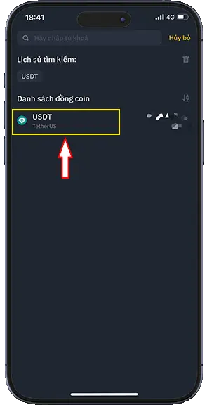 Bước 5: Chọn đồng tiền USDT ở danh sách coin
